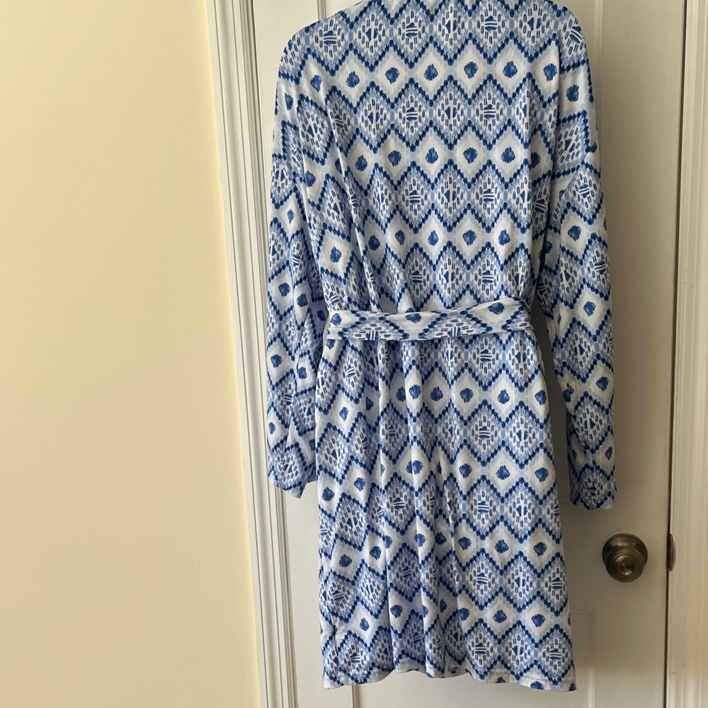 Muk Luks Robe Wrap Belted Swim Cover Women's XL Blue White Geometric Print Soft - Picture 6 of 15